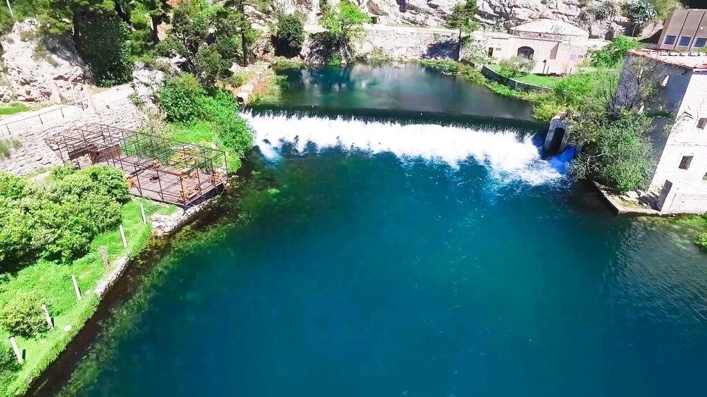 Aerial view of the turquoise spring of River Ombla near Dubrovnik