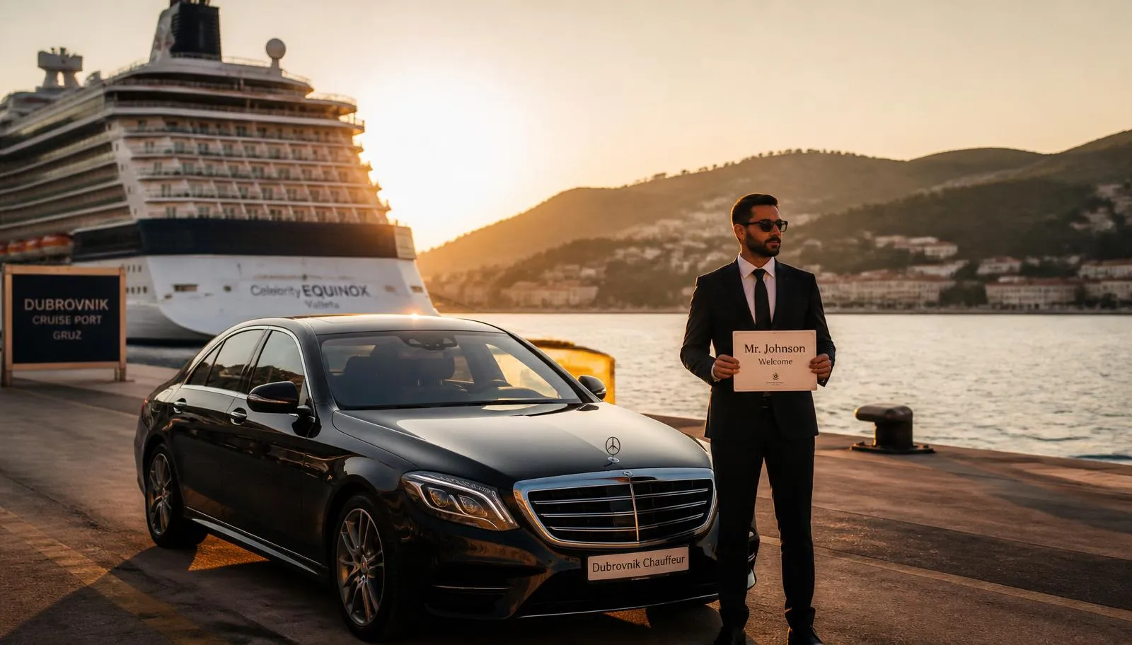 Black luxury sedan and chauffeur waiting at Dubrovnik Cruise Port with a cruise ship at sunset