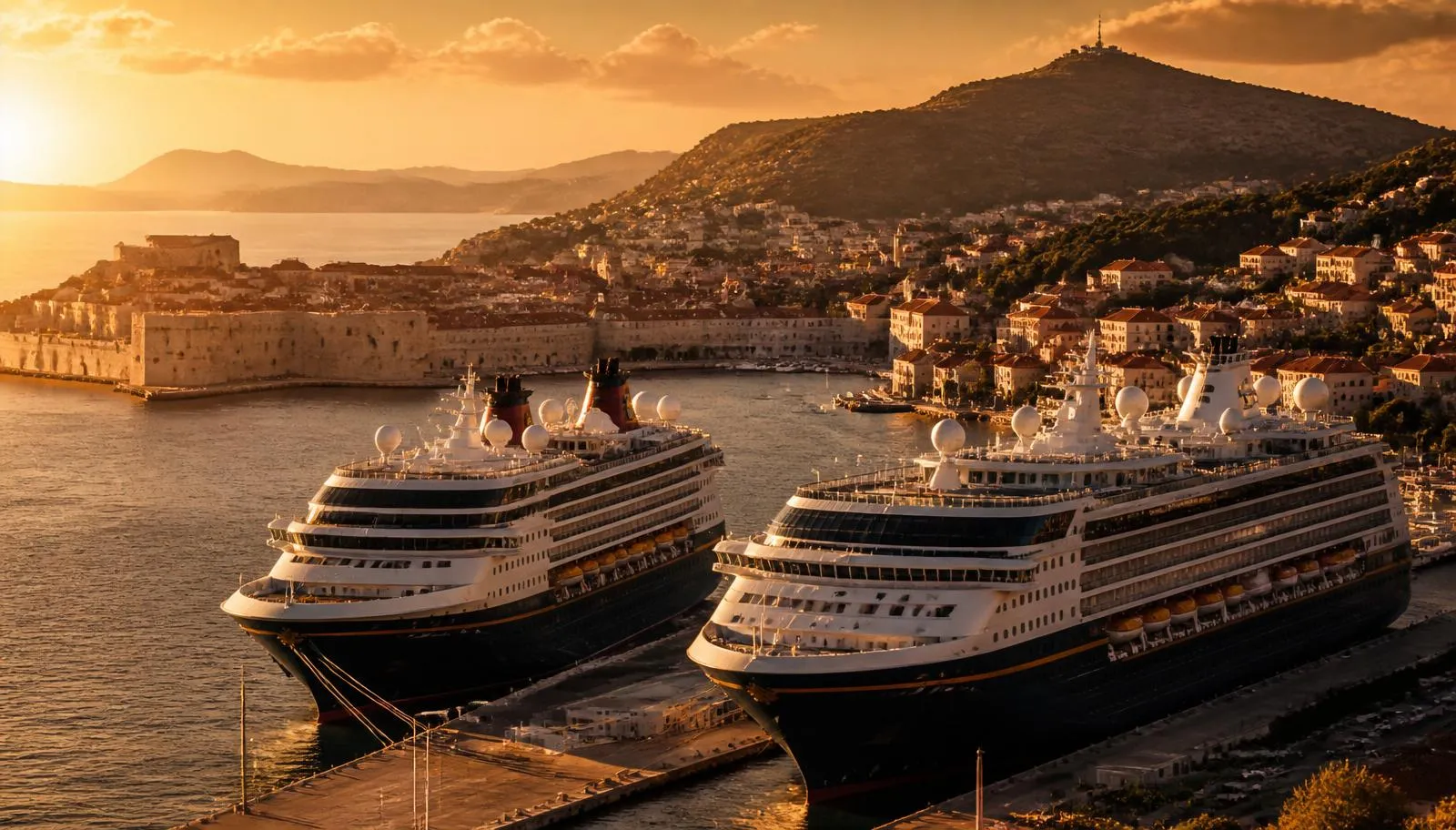 Cruise ships docked at Dubrovnik Gruž Port with the Old Town and Mount Srđ in the background