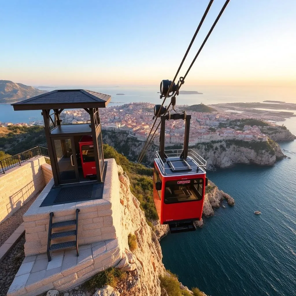 Red Dubrovnik cable car cabin rising above Mount Srđ with the Old Town below
