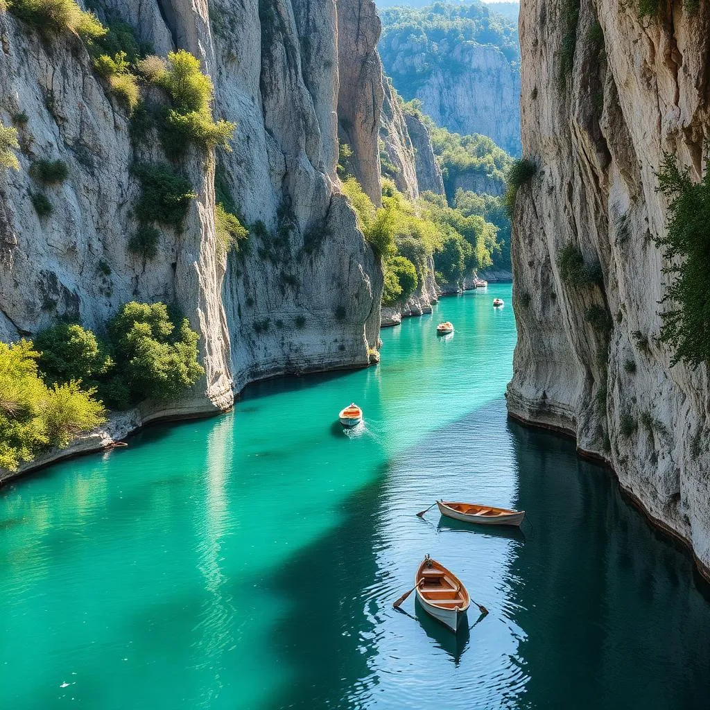 Emerald Ombla river between tall karst cliffs with small wooden boats