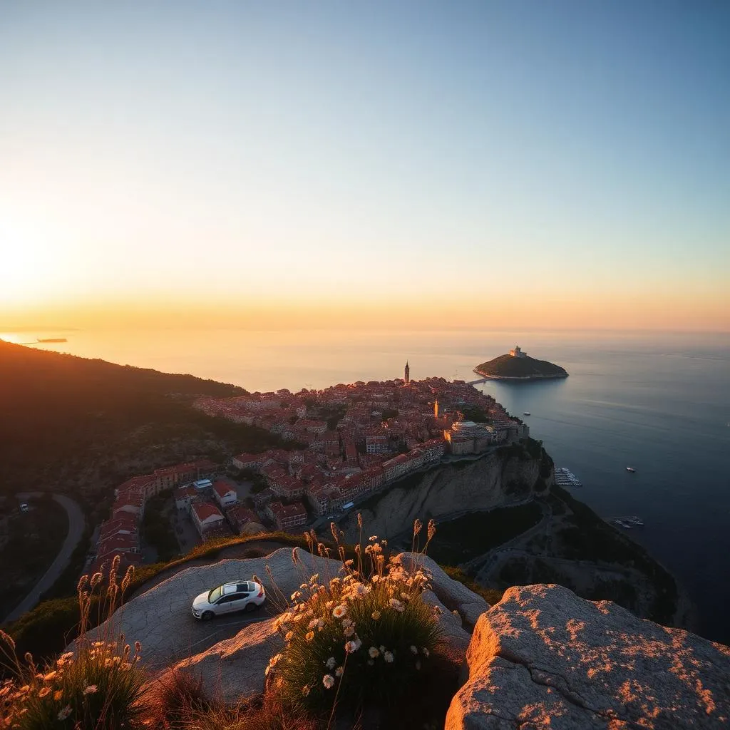 Quiet high viewpoint on Mount Srđ overlooking Dubrovnik and the sea at sunset