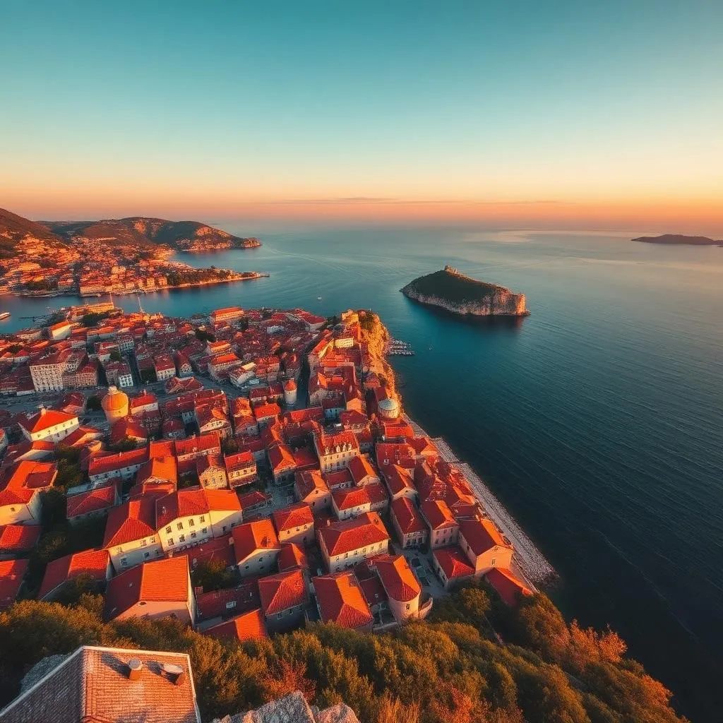 Panoramic view of Dubrovnik Old Town, Lokrum Island and the Adriatic from Mount Srđ