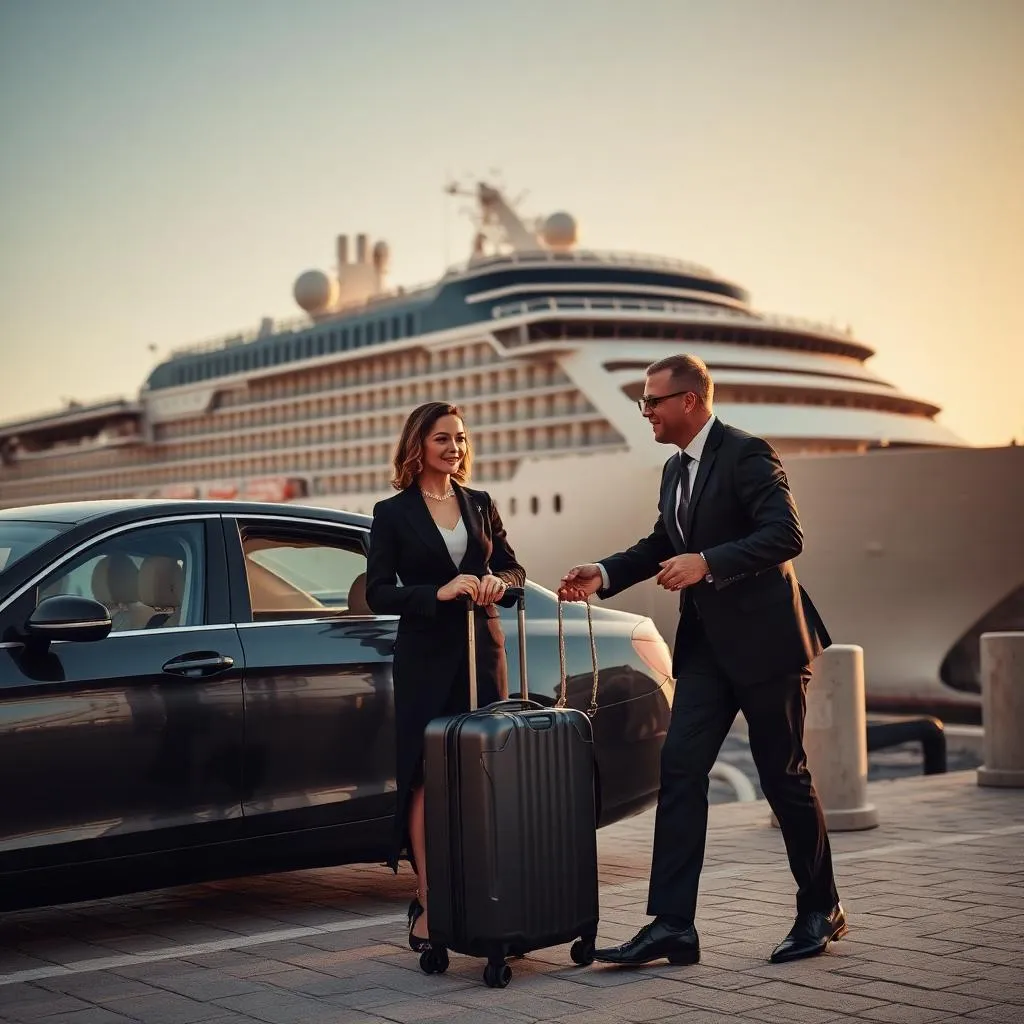 Elegant guest greeted by a driver at Dubrovnik's Gruž cruise port with a large cruise ship behind