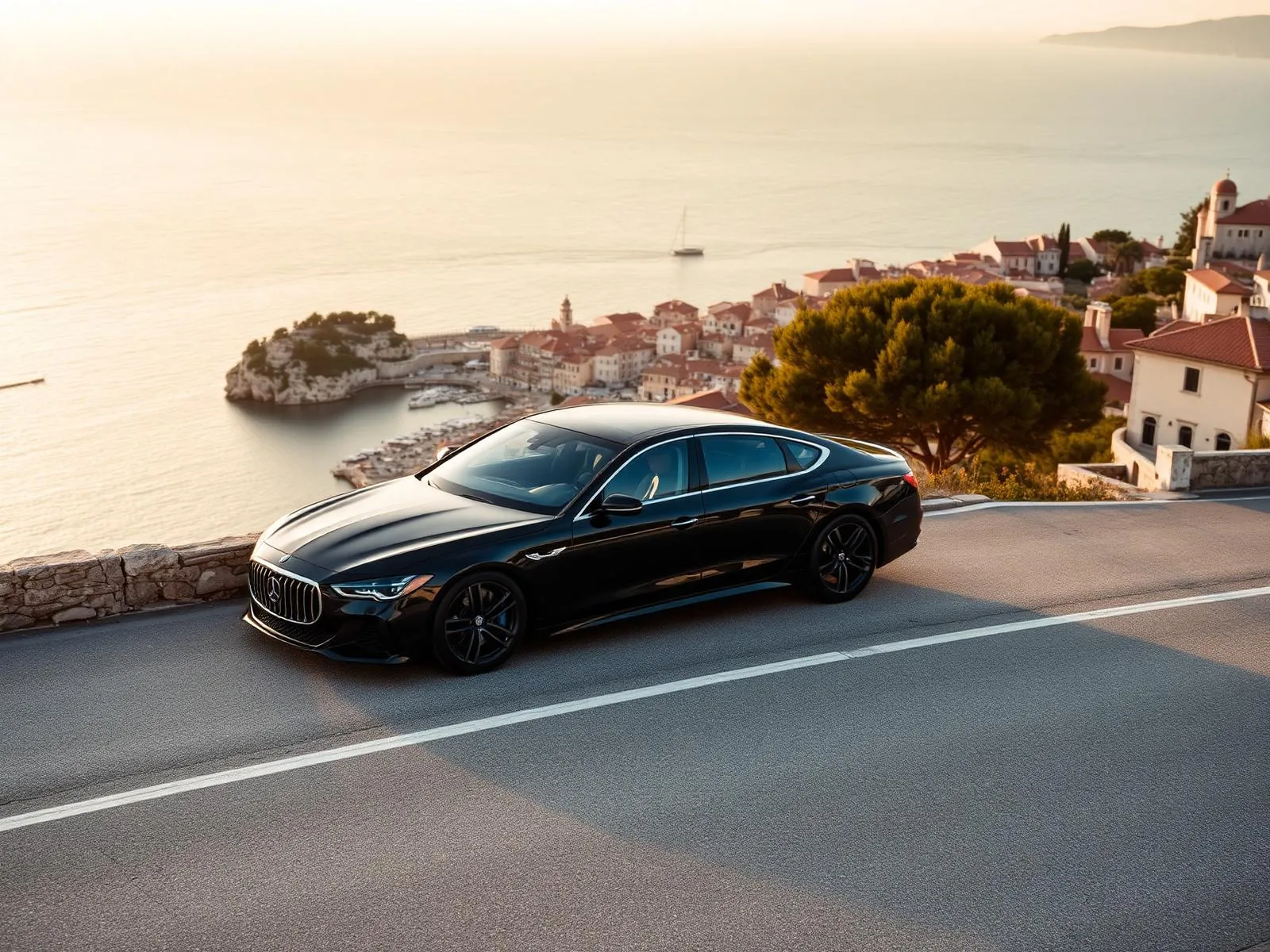 Black luxury sedan on a coastal road above Dubrovnik at golden hour