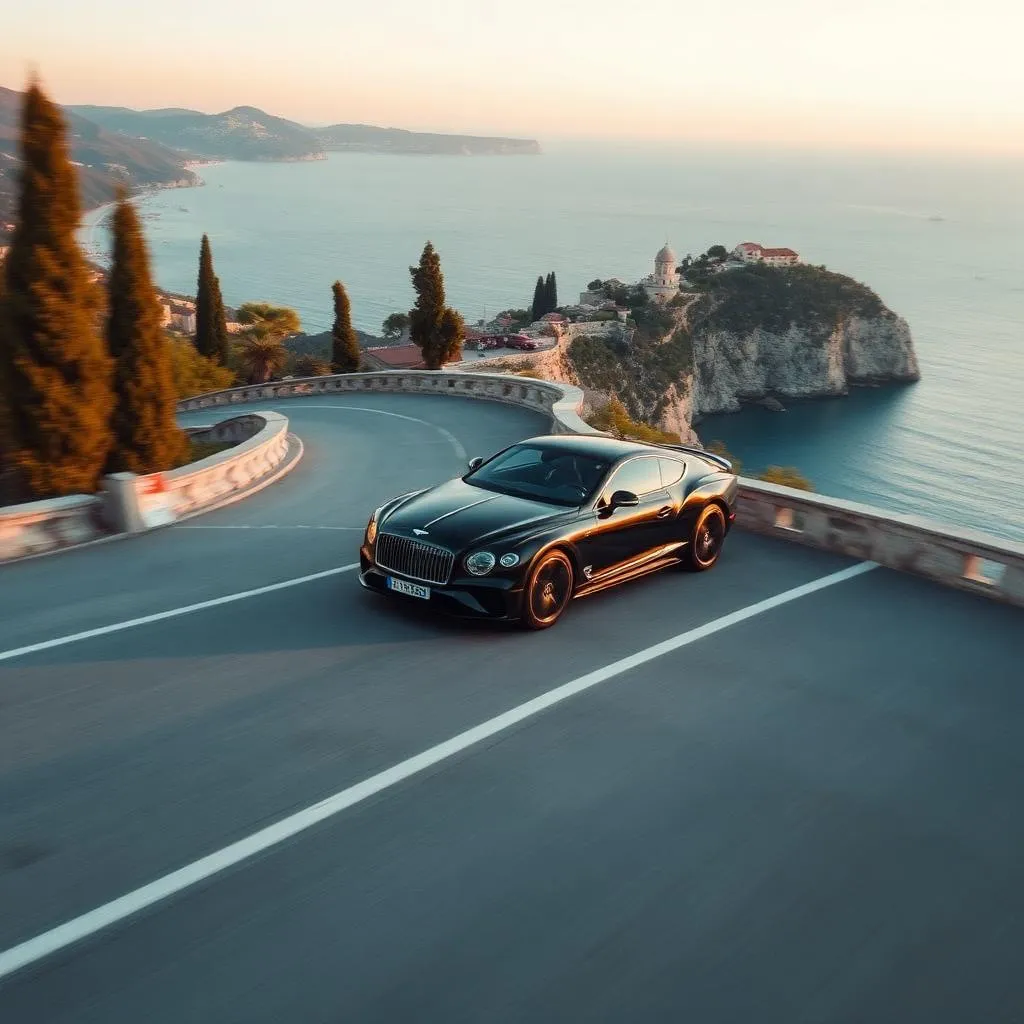 Black luxury car on a scenic Dalmatian coastal road at golden hour